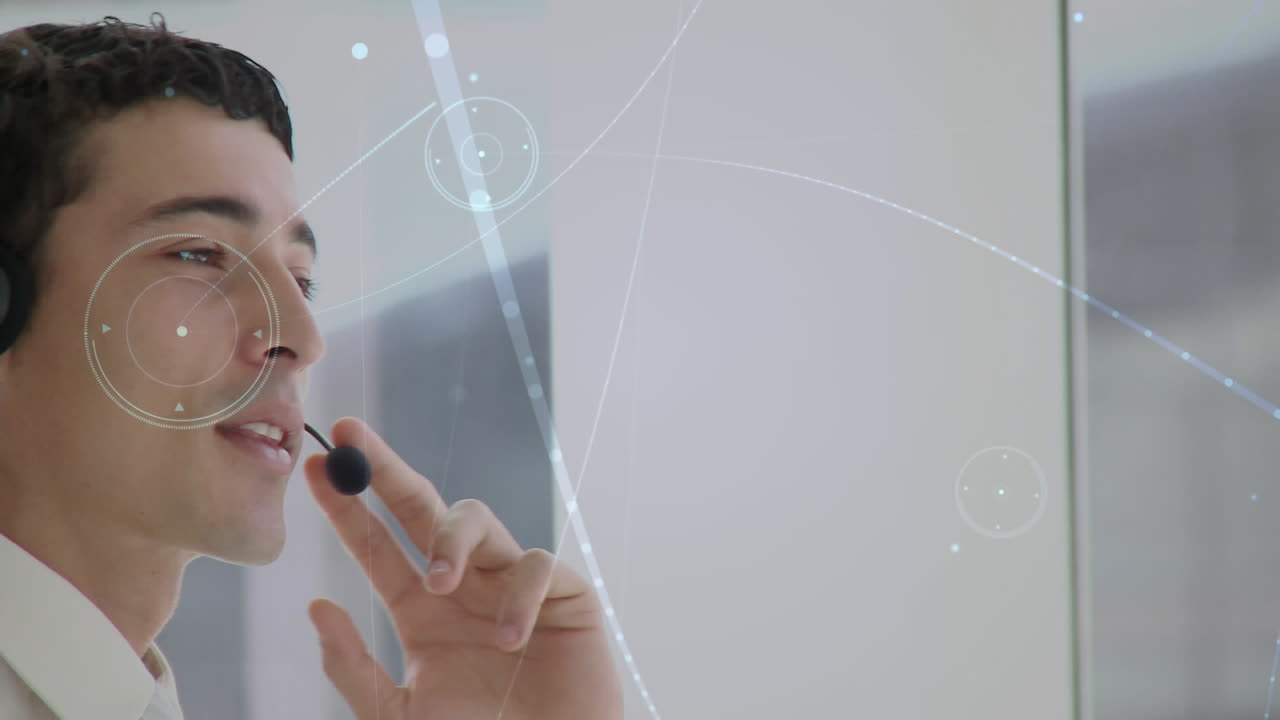 전화 헤드 ⁇ 을 사용하는 사업가에 대한 연결 네트워크의 애니메이션