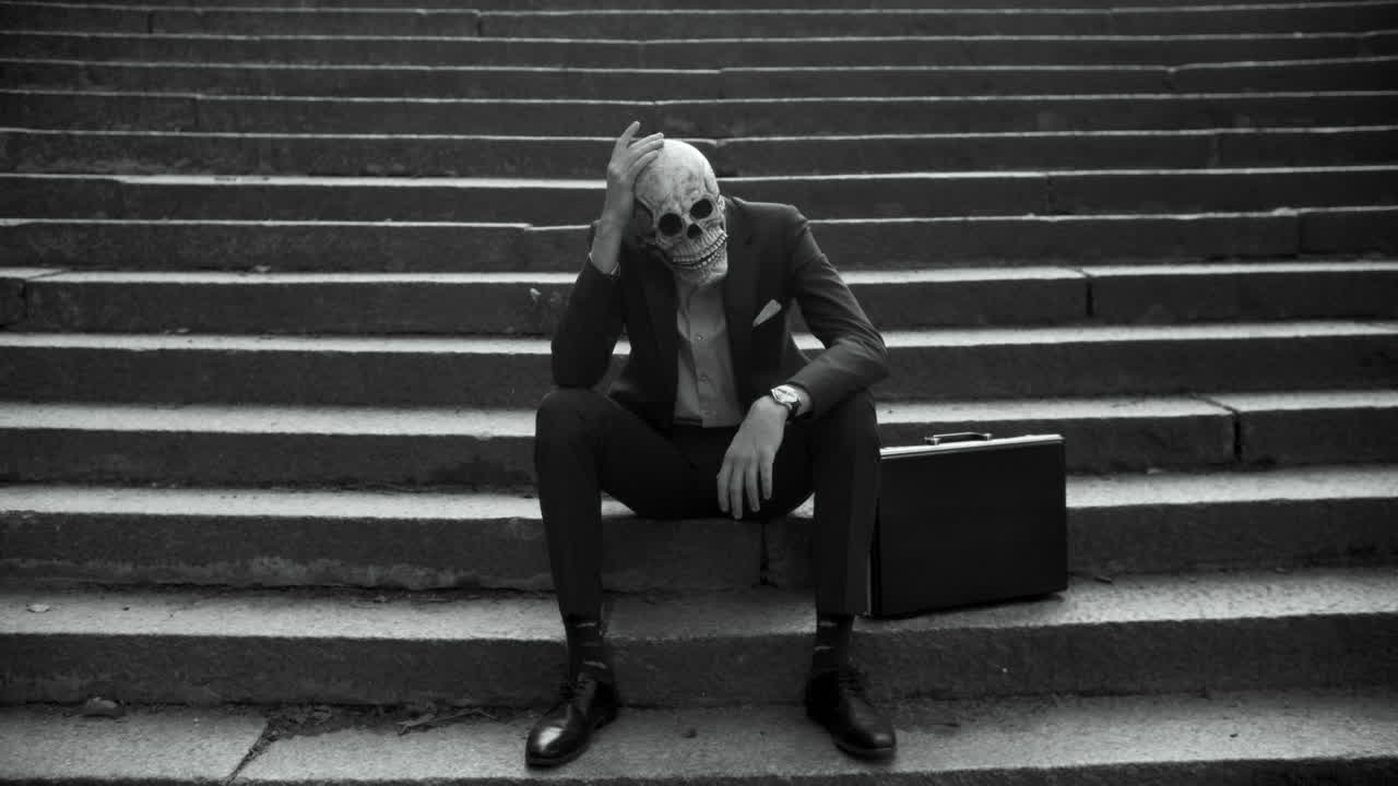 A Man in a Skull Mask Sits on Stairs