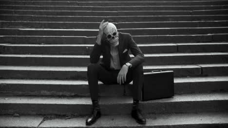a man in a skull mask sits on stairs