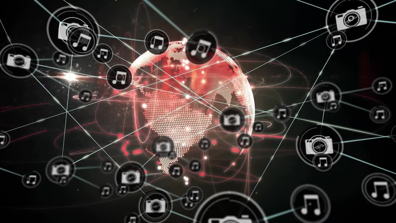 Globo punteado giratorio que empieza a irradiar líneas, añadiendo iconos de contenido multimedia en órbita, creando una red global