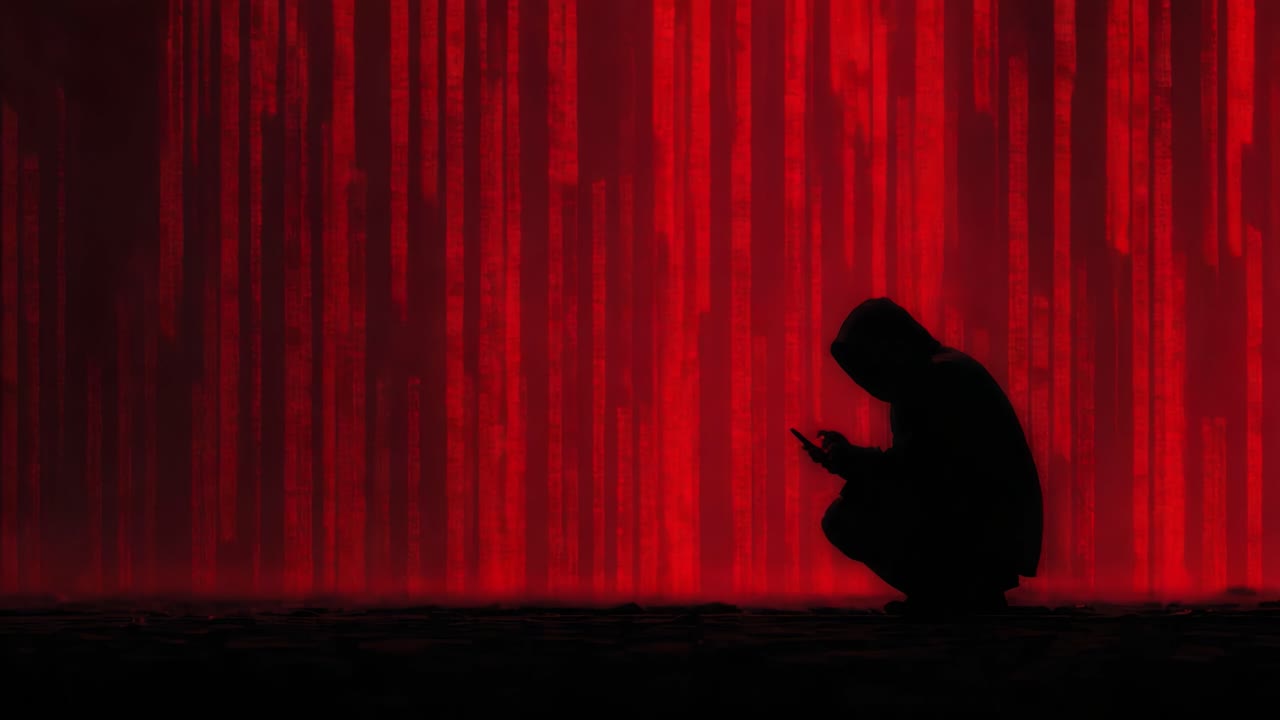 A solitary figure illuminated against a backdrop of cascading binary code in vivid red, depicting themes of technology, isolation, and digital mystique