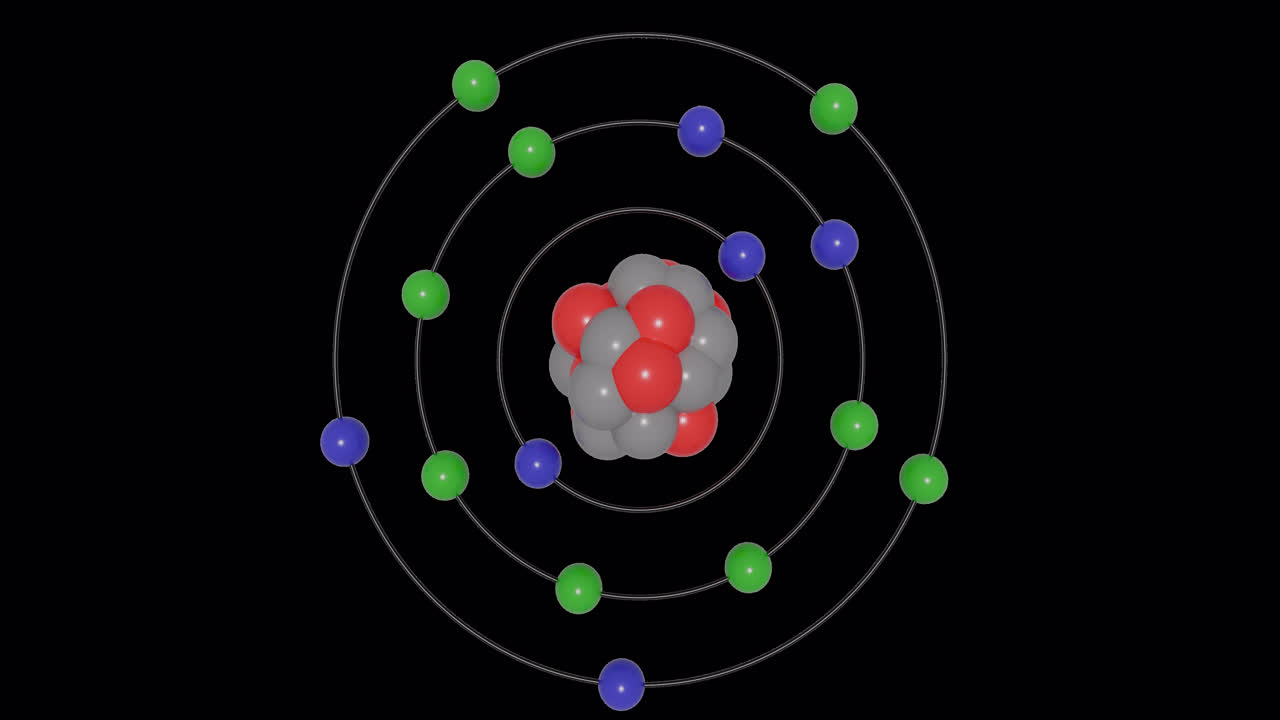 3D animation of a Phosphorus(P) atom in the Bohr model with electron orbits, nucleus, protons and neutrons, energy levels in seamless loop on transparent background. Ideal for STEM education visuals