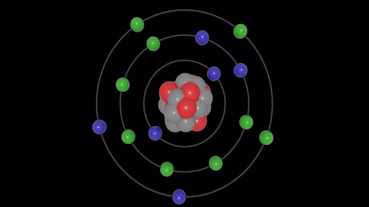 Animazione 3D di un atomo di Fosforo(P) nel modello di Bohr con orbite elettroniche, nucleo, protoni e neutroni, livelli energetici in loop continuo su sfondo trasparente. Ideale per visual educativi STEM