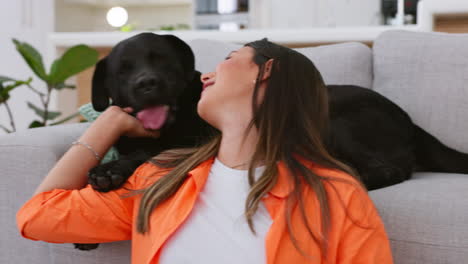 Happy-woman-relax-with-her-dog-at-home-for-mental