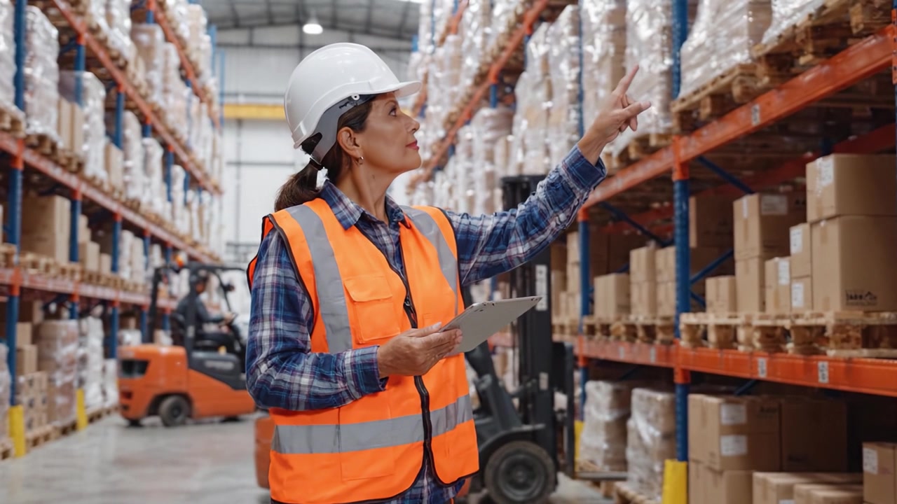 A warehouse worker in safety attire examines data on a tablet while navigating between shelves filled with boxes, showcasing focus and professionalism in inventory management.