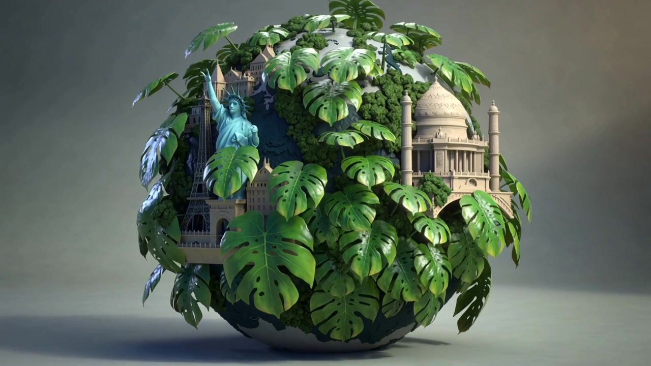 Globo fogliato rotante in uno studio con panoramica della telecamera che rivela la Statua della Libertà, la Torre Eiffel, il Taj Mahal tra foglie di Monstera.