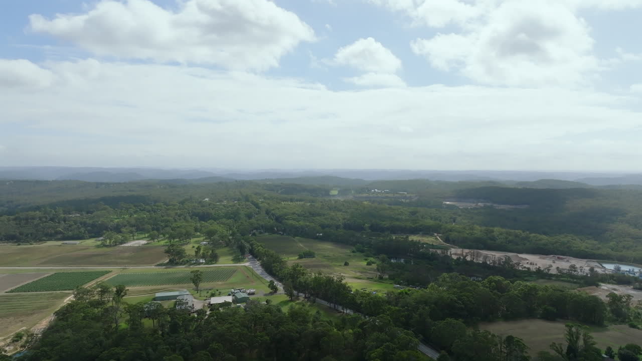Drone footage showing agricultural land and farm land in Maroota, New South Wales, Australia.