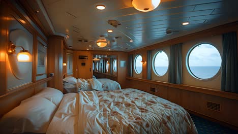 cozy ship cabin with ocean view through porthole windows