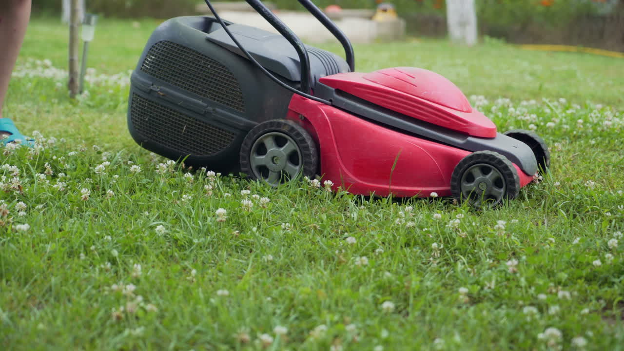 little boy mowing the lawn on a bright summer day, close-up