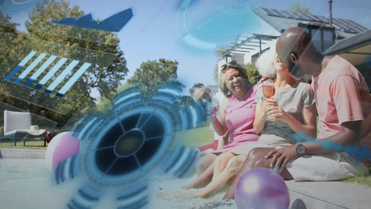 Four friends with drinks kicking water while HUD appearing over pool animating beach ball for ads
