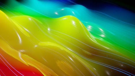 abstract 3d surface with beautiful waves, luminous sparkles and bright color gradient, colors of rainbow and glow lines. waves run on very shiny, glossy surface with glow glitter. 4k looped animation