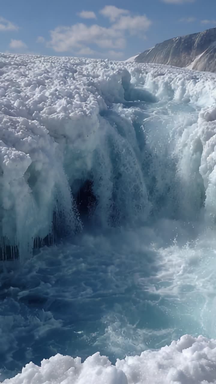 A Mesmerizing Glimpse of Glacial Ice Cascading into a Vibrant Blue Pool Under a Bright Sky, Capturing the Beauty of Nature's Frozen Wonders