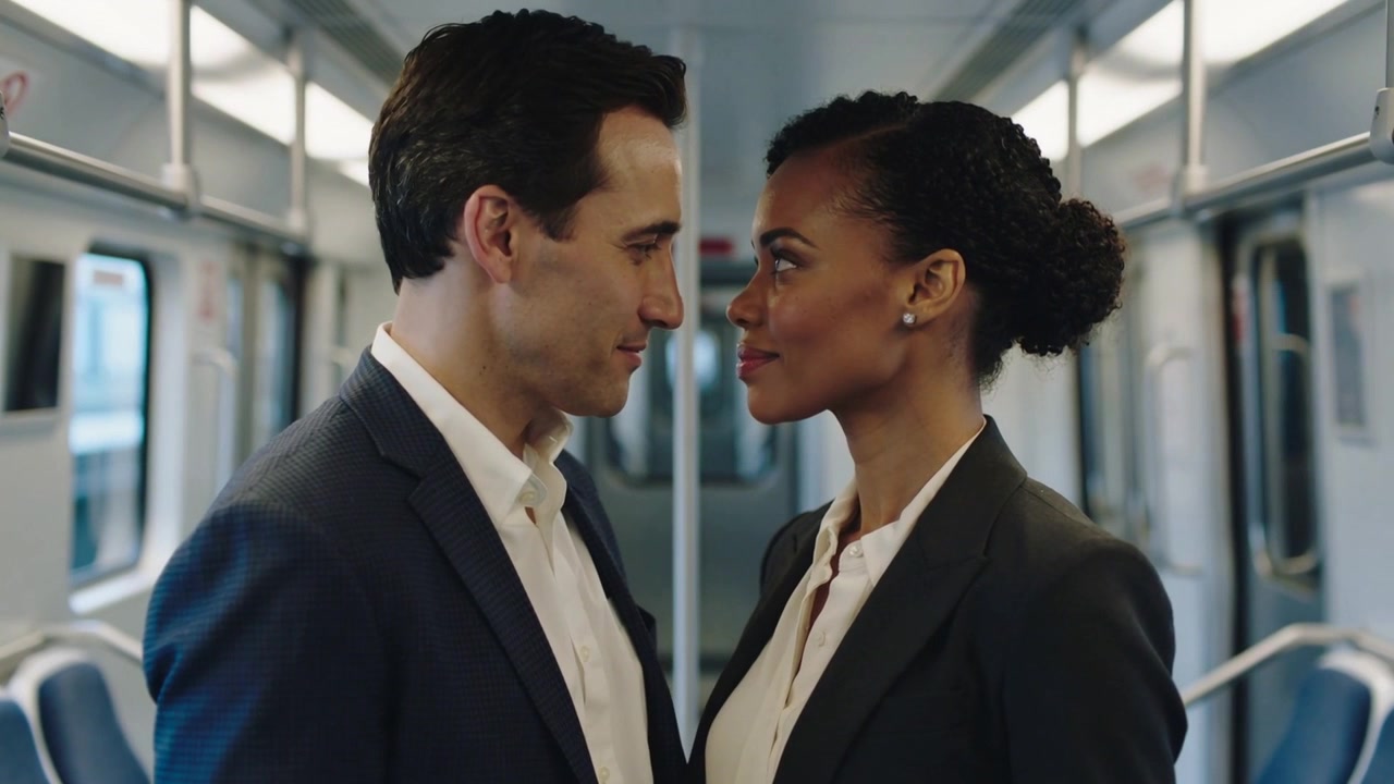 Maintenant un contact visuel, un duo d'affaires en costume se penchant l'un vers l'autre dans un train, cherchant la proximité près d'un poteau