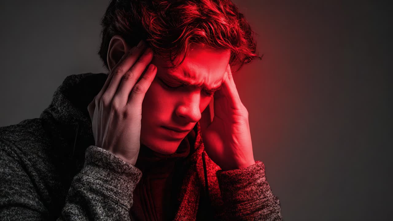 Exploring Emotional Turmoil: A Sequence of Portraits Capturing a Young Man's Struggle with Mental Distress and Introspection Against a Dramatic Red Background
