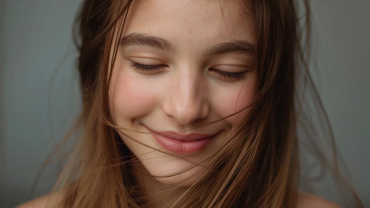Brezza che solleva i capelli sorridenti dell'adolescente che scivolano sul viso, mostrando top con spalline sottili e spalle in studio