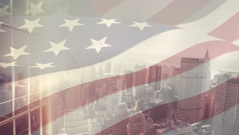 Animation-Der-Sich-Bewegenden-Amerikanischen-Flagge-über-Wolkenkratzer-Und-Stadtbild