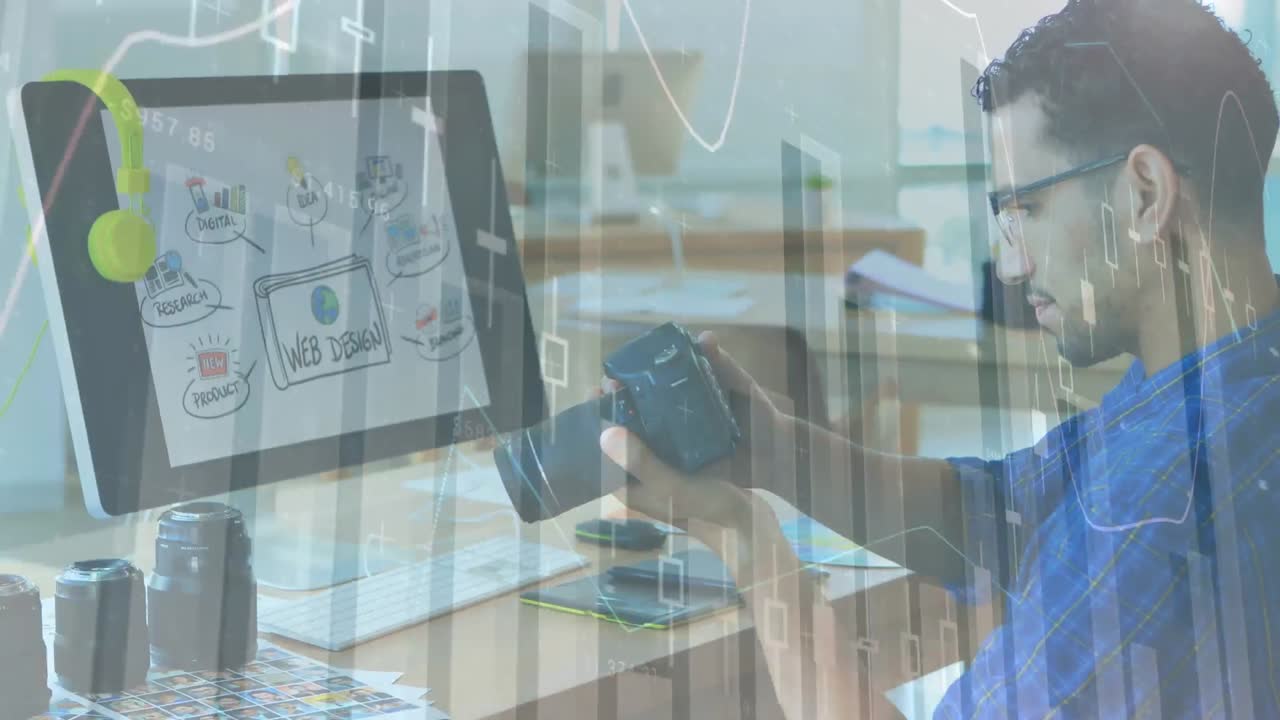 Animation of financial data processing over caucasian businessman in office