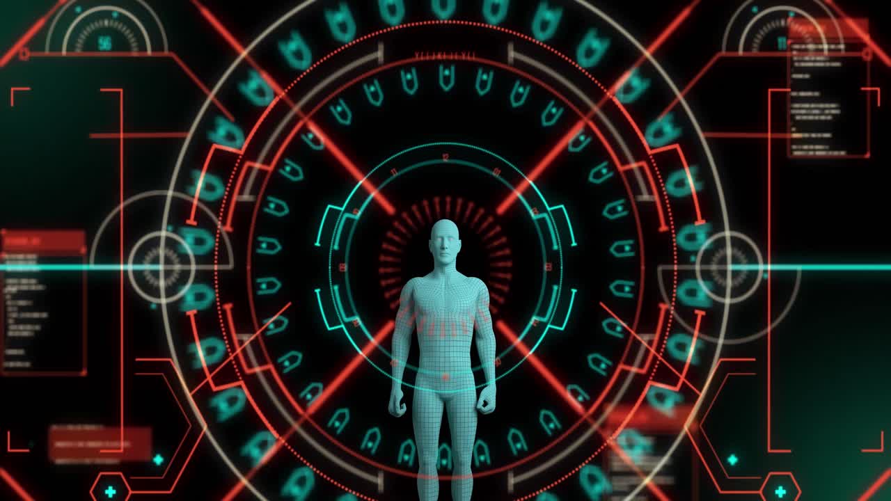 인간의 몸 위에서 스 ⁇  스캐닝과 데이터 처리의 애니메이션