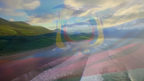 Animation-of-flag-of-ecuador-blowing-over-beach-landscape