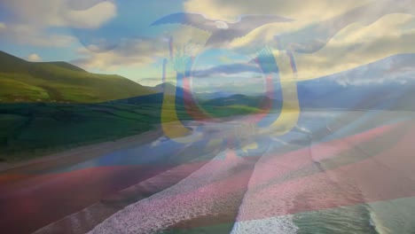 animación de la bandera de ecuador ondeando sobre el paisaje de la playa