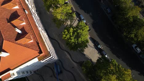 Luftaufnahme-Bei-Tag-über-Einem-Wohngebiet-Mit-Autoverkehr-Auf-Der-Straße,-Rote-Dächer-Machen-Den-Hintergrund-Aus-Grünen-Baumreihen-Zu-Einer-Langen-Fußgängerzone