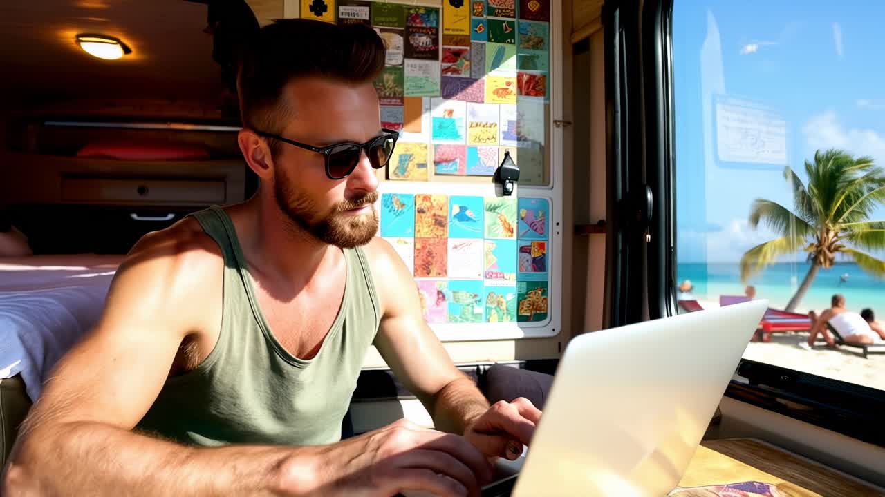 European man in his 30s with, focused on his laptop inside a camper van near a quiet beach.