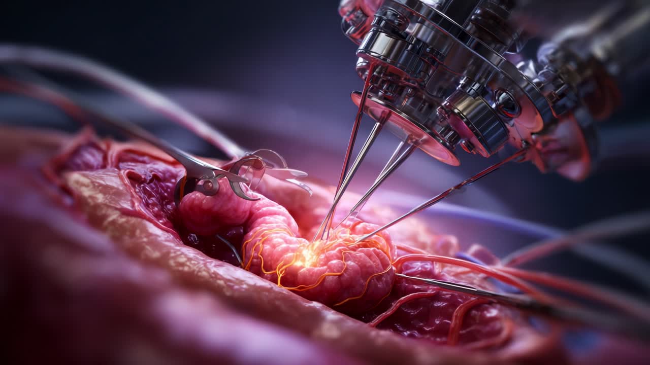 A state-of-the-art robotic system delicately performs a complex procedure on organic tissue, showcasing precision technology in a visually striking and intricate design that captivates viewers