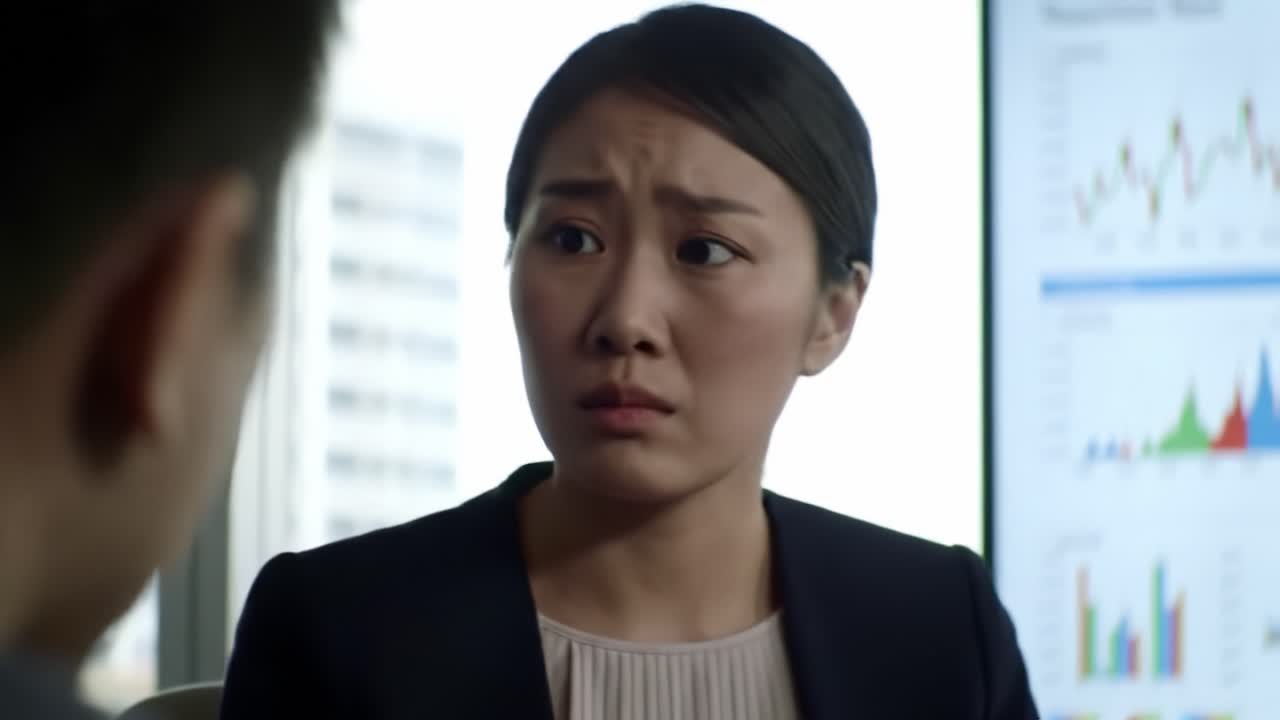 A woman in formal attire expresses concern during a business meeting while reviewing financial charts and graphs. Tension fills the room as important decisions are discussed.
