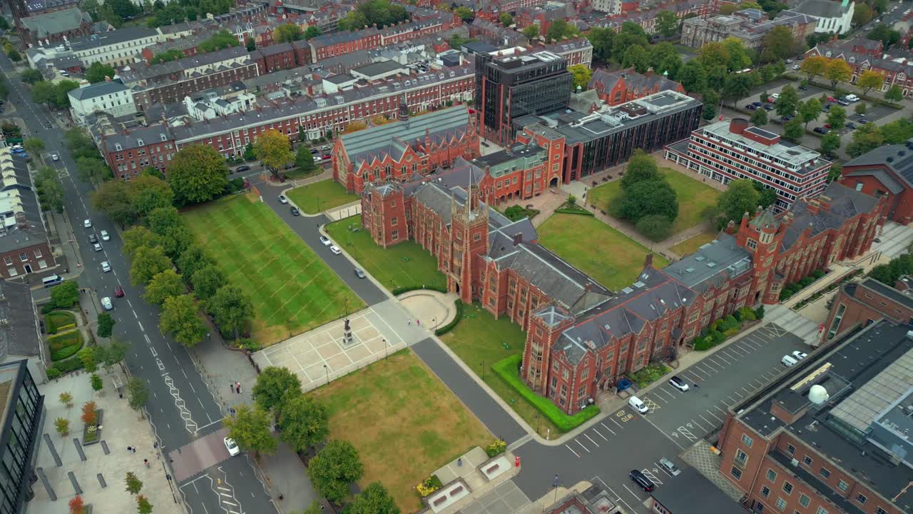 High and reversing aerial video of Queen's University, Belfast and the surrounding area. Produced in 4K, 60FPS and with Rec709 color