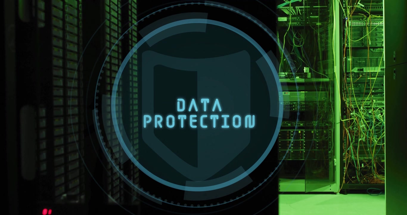 DATA PROTECTION text fading in over shield, holographic circle forming and rotating, securing data