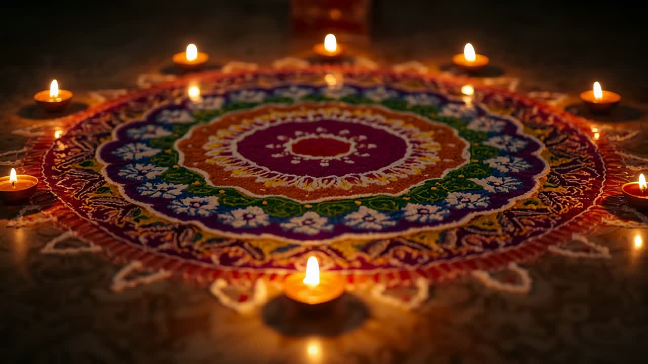 Camera focusing on colorful rangoli with clay diyas at home showing flickering flames moving light