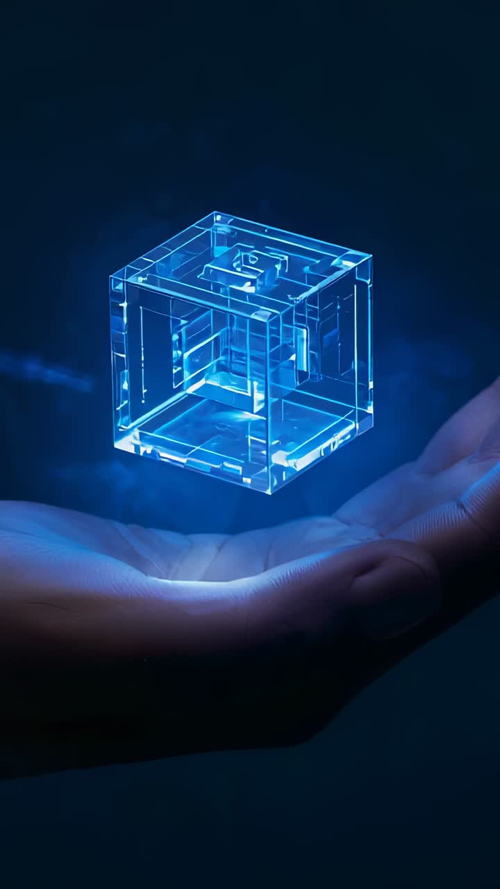 Vertical video: Pulsing halo releasing glowing blue cube hovering above open palm in dark studio