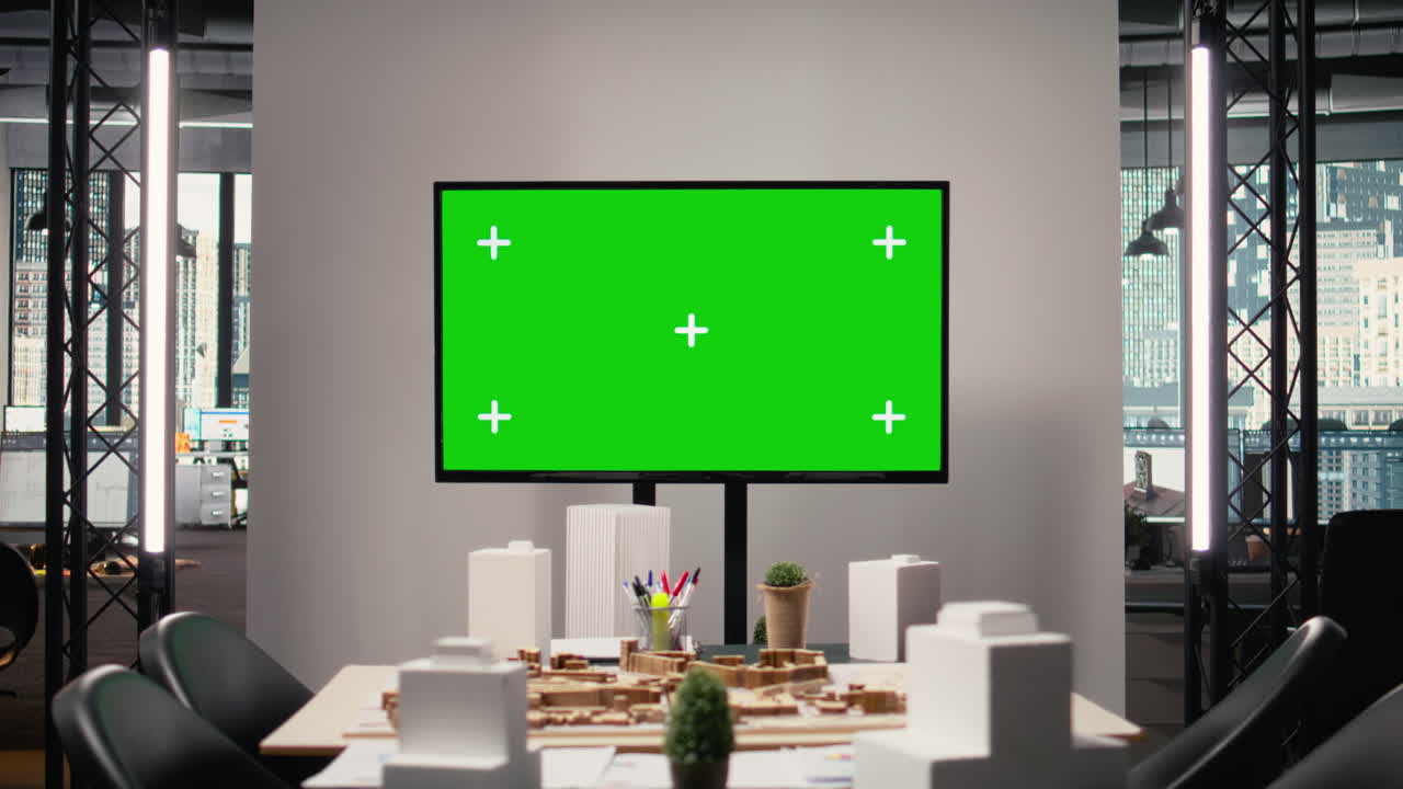 Clean organized real estate office with isolated TV ready for brainstorming