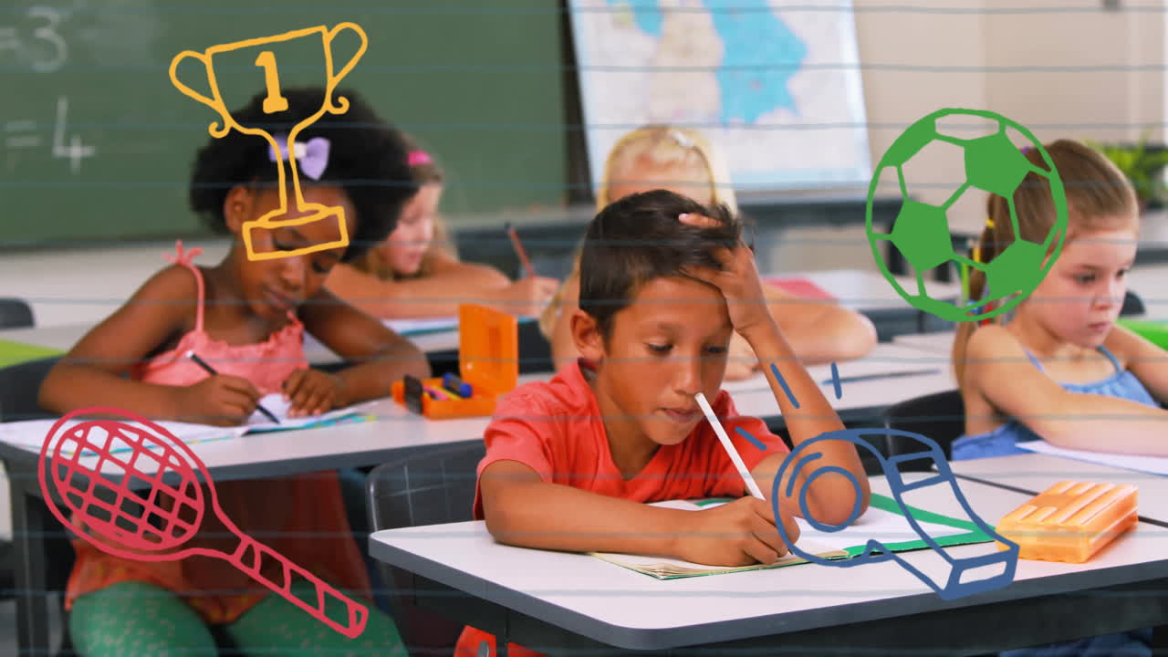 Children studying in classroom with sports icons animation over them