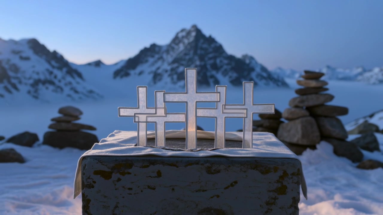 Aufsteigende Prismen bilden Kreuze auf einem Altar mit Stoffemblem auf schneebedecktem Gipfel, Steinmännchen, warmes Gegenlicht.