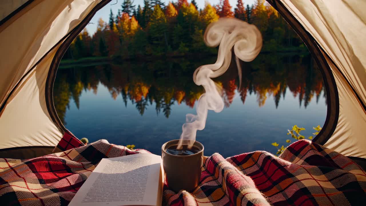 A cozy tent view with a steaming mug and book, overlooking a serene lake and autumn trees
