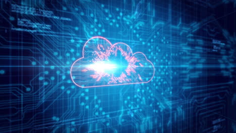 animazione dell'elaborazione dei dati su icone di bitcoin e cloud