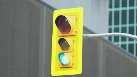 Traffic-signal-head-on-green-with-a-high-rise-in-the-background-in-Ottawa,-Canada