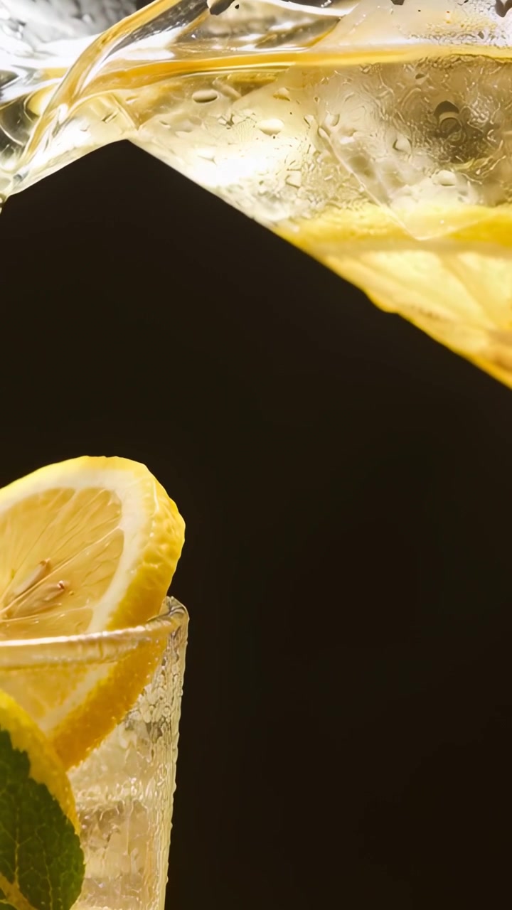 Video verticale: Brocca inclinata che versa, riempiendo un bicchiere di limonata in studio, con una fetta di limone appoggiata