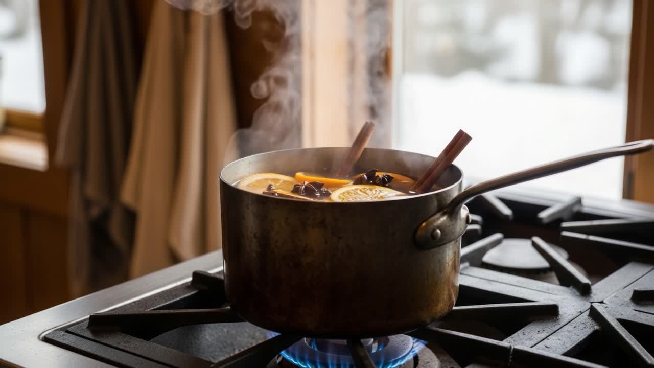 A Cozy Scene of Steaming Potpourri Cooking on the Stovetop, Infusing the Room with Aromatic Scents of Spices and Citrus, Perfect for a Warm, Inviting Atmosphere