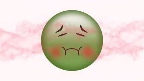 Digital-animation-of-red-digital-wave-over-green-sick-emoji-against-white-background