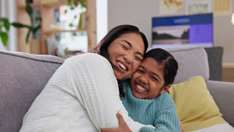 Hug,-excited-family-and-living-room-sofa