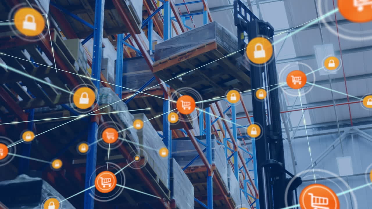 animación de la red de conexiones con iconos sobre el almacén