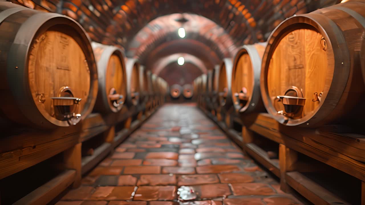 Una lunga cantina a volta con file di botti di legno