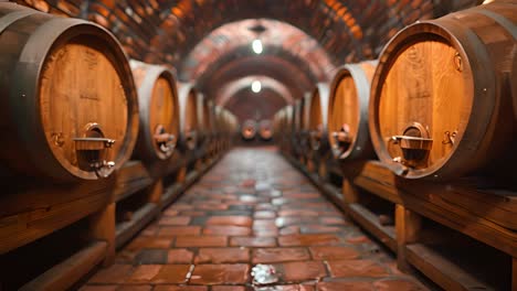 A long tunnel-like wine cellar with rows of wooden barrels