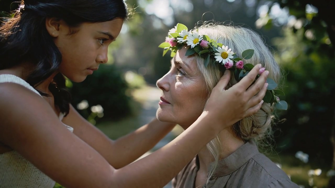 Raising crown, teen in cream dress placing it on senior's head on garden path, honoring bond