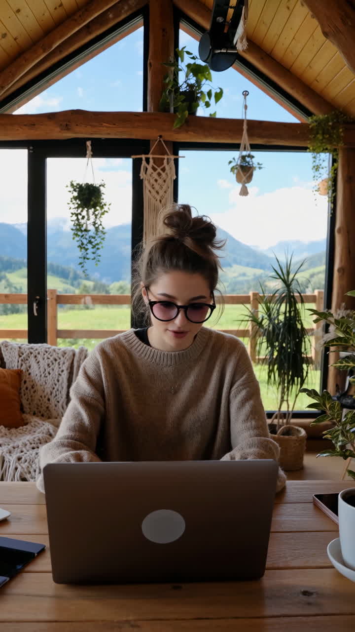 Woman working on laptop in a cozy cabin with a mountain view