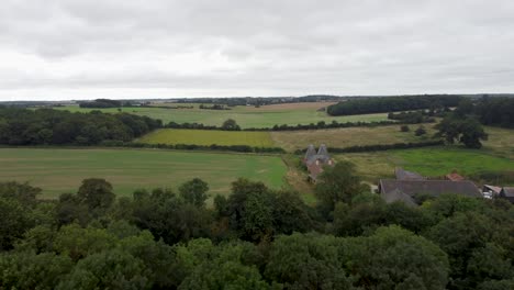 Aerial-Rising-Over-Treeline-With-Countryside-Filed-Landscape-In-Kent