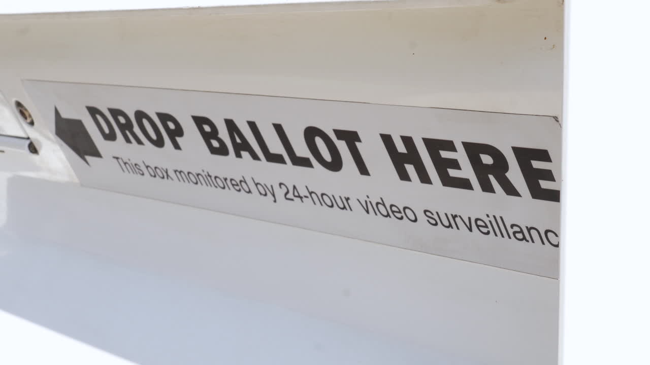 Drop Ballot Here Sign and Slot with Arrow for Mail-in Election Voting Box Close Up