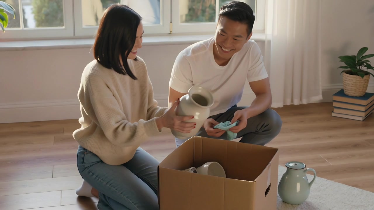 箱を開けるカップルが家でひざまずいて飾り付けをしており、タン色のセーターを着た女性が花瓶を持ち上げ、男性が布を持っている。
